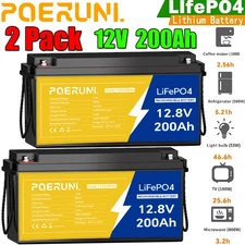 2Pack 12V 200Ah LiFePO4 Lithium Battery Built-in BMS 15000 Deep Cycle For Solar