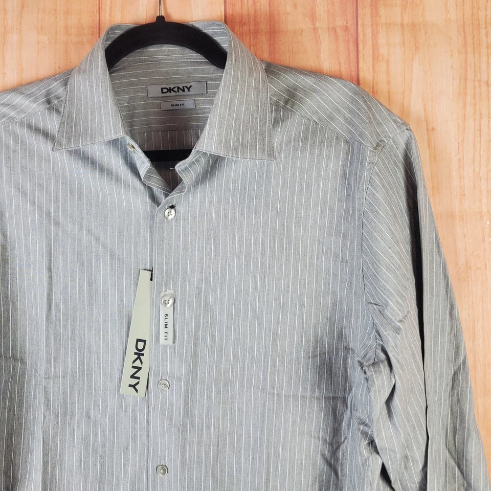 DKNY Dress Shirt Mens Sz 15.5 Gray Striped Slim Fit Oxford Business Formal - Image 3 of 4