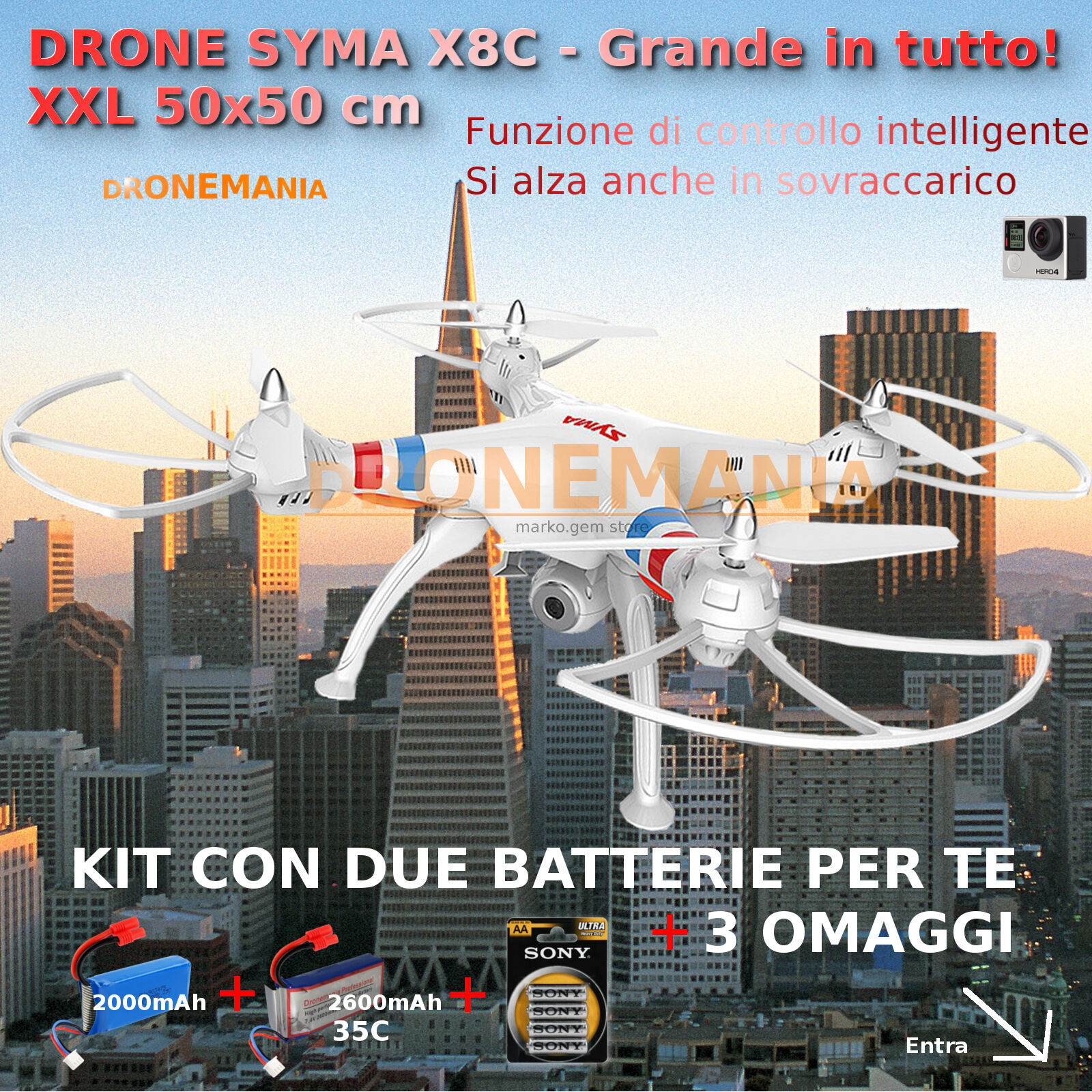 DRONE SYMA X8C XXL GRANDE radiocomandato HEADLESS CAMERA  VIDEO GOPRO omaggio!