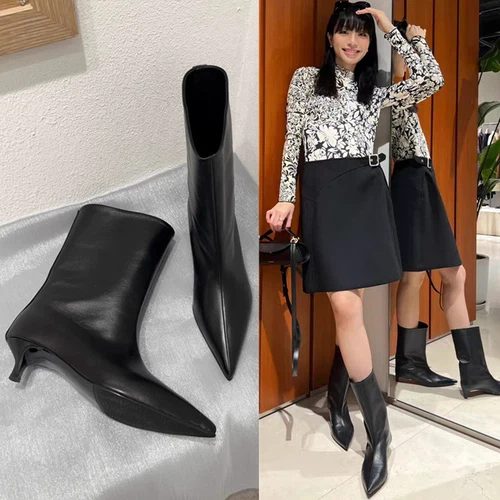 KHAITE Short Boots Women's Leather Pointed Heels Medium Boots Women's Boots - Bild 3 von 20