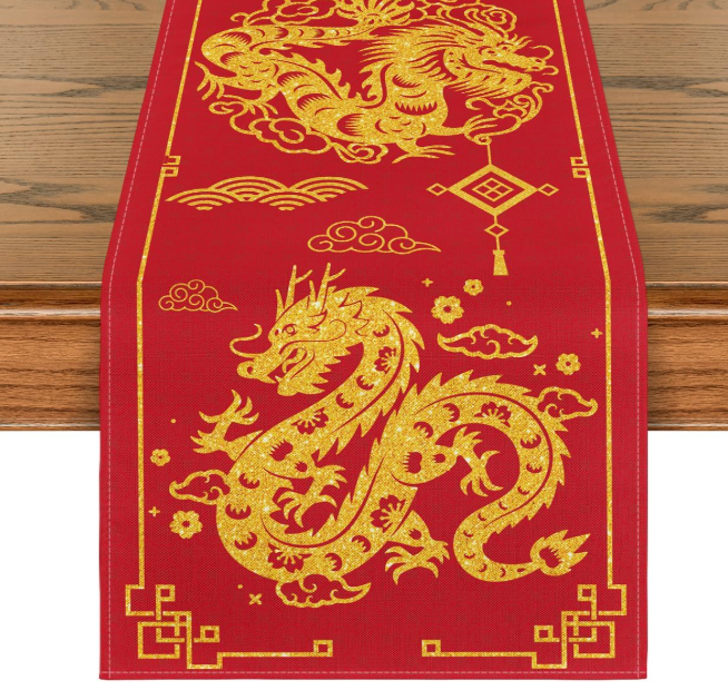 Chinese Zodiac Dragon 2025 Happy New Year Table Runner, Spring Festival Winter K