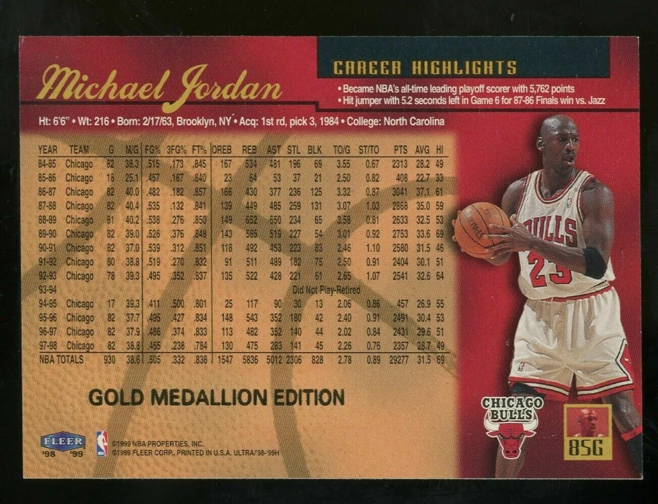 MICHAEL JORDAN 1998-99 FLEER ULTRA GOLD MEDALLION EDITION!BULLS G GOAT HOF-VERS2 - Image 2 of 2