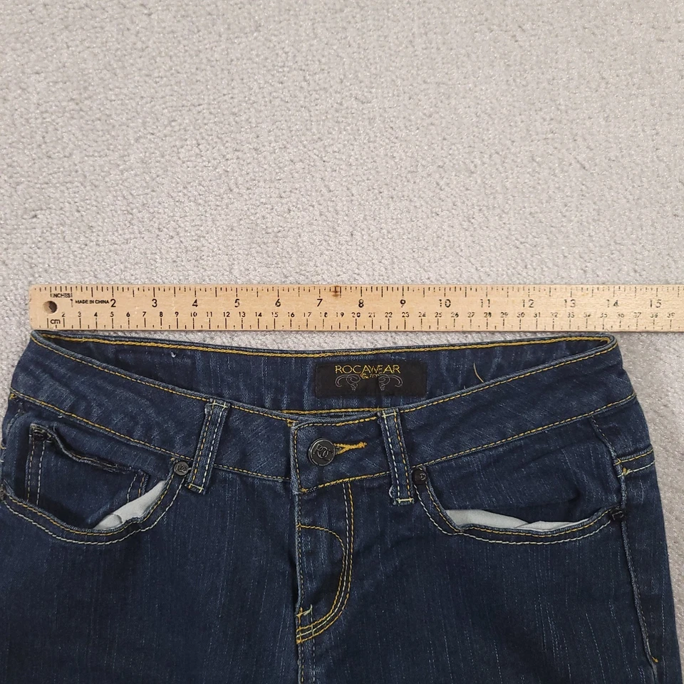 Pantalones de mezclilla Rocawear para mujer 6 azules ajustados azules elásticos bolsillos bordados 28x28 Foto 3 de 4
