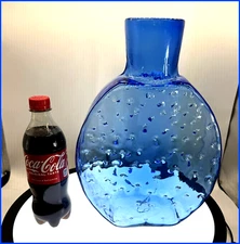 HUGE BLENKO DECANTER HANK ADAMS RARE BLUE ART GLASS VINTAGE VASE
