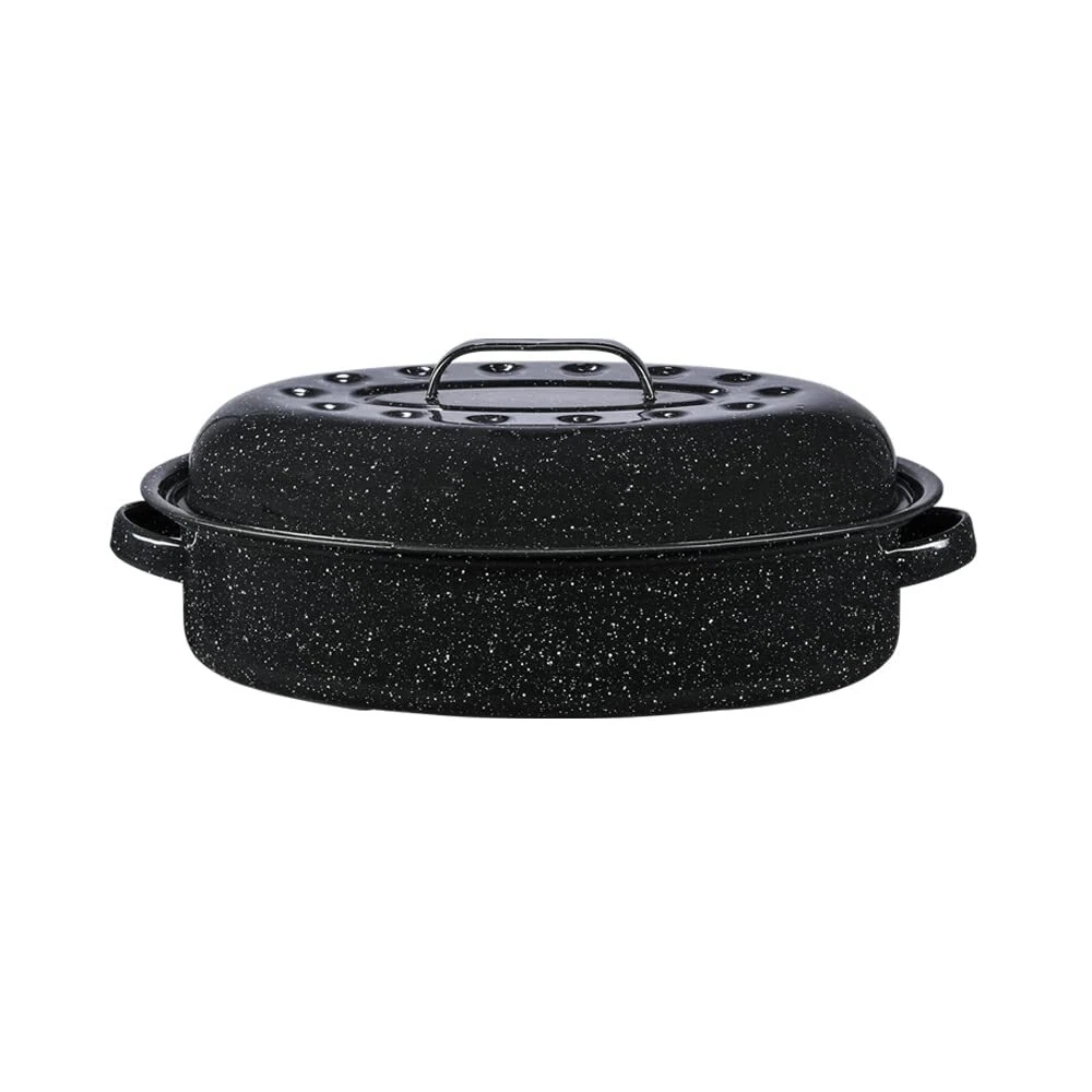 15 Inch Speckled Black Roasting Pan Non Stick Oval with Lid for Poultry and R...