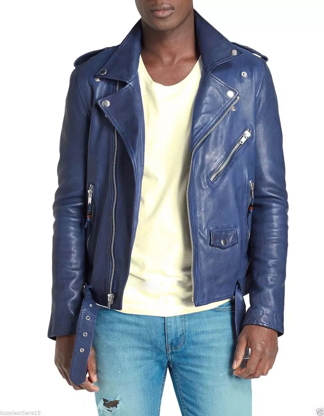 Mens Blue Real Leather Jacket Soft Lambskin Stylish Biker Motorcycle Jacket
