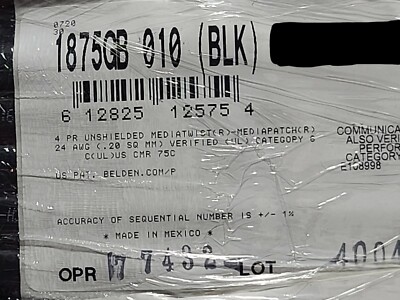 Belden 1875GB 24/4P CAT6+ Bonded Pair MediaTwist Network Cable CMR Black /50ft