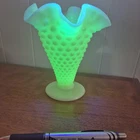 Vintage Yellow/ Green Fenton Hobnail Uranium Glass Trumpet Vase  5 1/2"