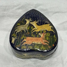 Vtg Kashmir India Hand Painted Lacquered Paper Mache Lidded Trinket Box Gazelles