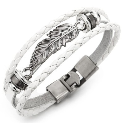 Vintage Feather Leaf White Braided Leather Bracelet for Men Women, Three-Row Lea