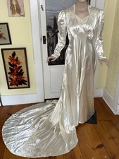 vintage 1960s wedding dress Satin Beaded Bodice Button Back Long Train