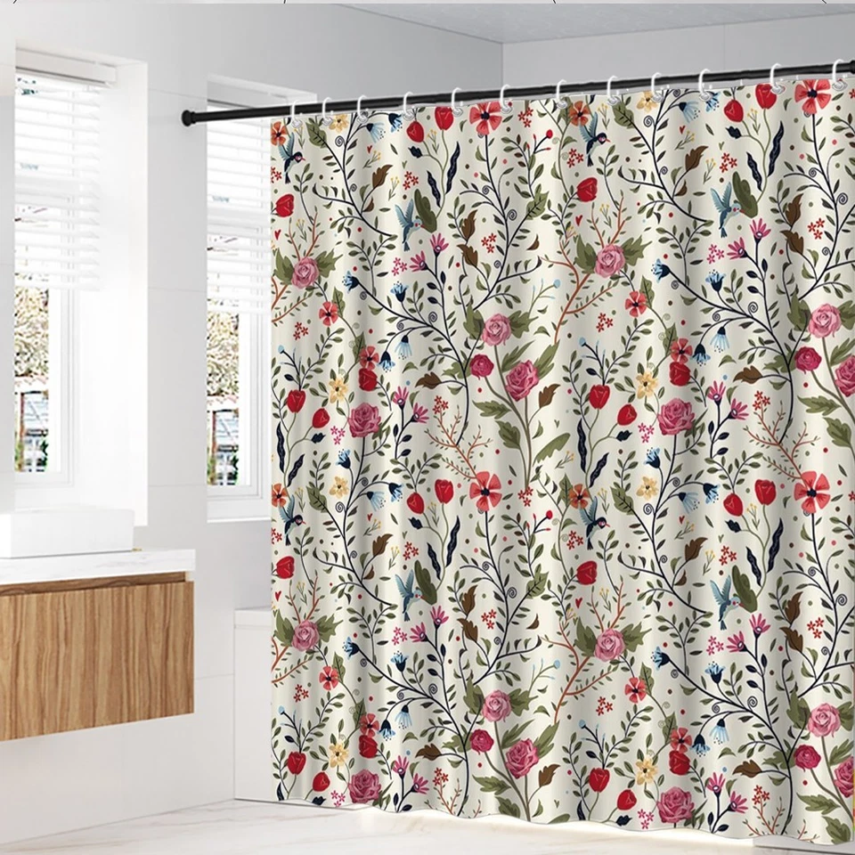 Cortina de Ducha Floral Pájaros Rosas Lunares Naturaleza Baño Decoración con Ganchos Foto 2 de 4