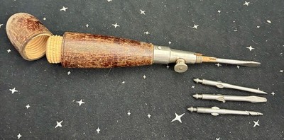 Antique Multi-Tool W/Hollow Wooden Handle Stores Various Bits Screwdriver, Awes