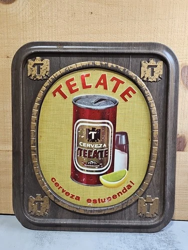 Vintage "TECATE Cerveza estupenda!" Molded Faux Wood BEER SIGN 15.25”T X 13.25”W