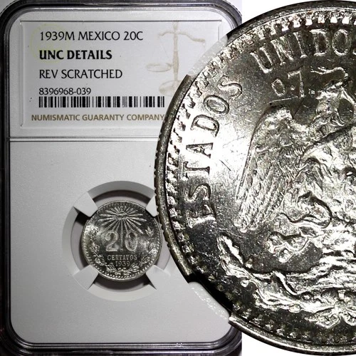 MEXICO Silver 1939 M 20 Centavos Radiant Liberty cap NGC UNC DETAILS KM# 438 (9)
