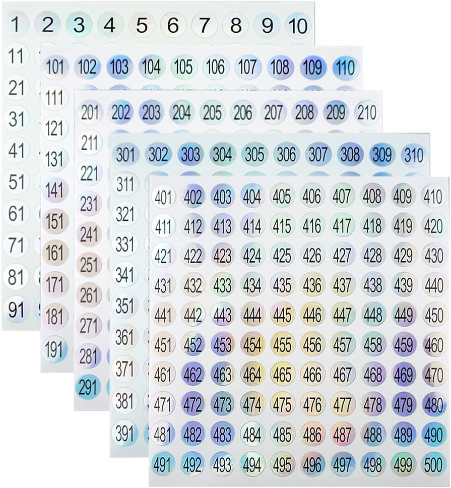 1-500 Round Mini Number Stickers 15 Sheets Consecutive Labels