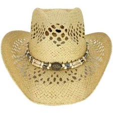 Adult BEIGE CREAM Straw COWBOY HAT w/ Beads Shapeable WESTERN Cowgirl Beach