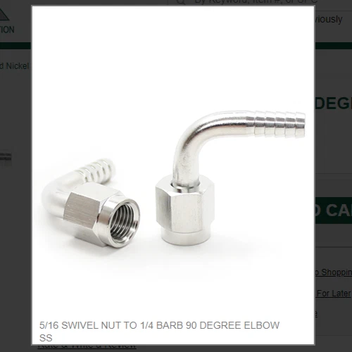 APEX 5/16 SWIVEL NUT TO 1/4 BARB 90 DEGREE ELBOW SS # 7153 (1) One Elbow