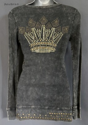 New USA VOCAL Womens STUDDED GRAY MINERAL DYE CROWN STUD V NECK SHIRT S M L XL