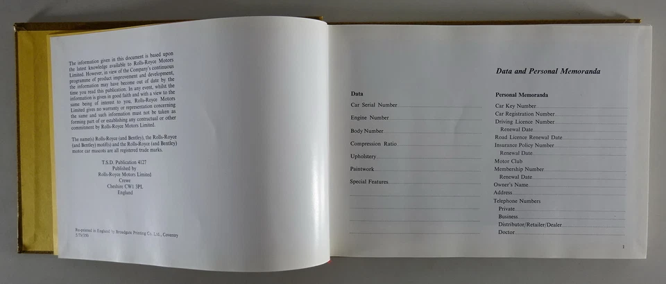 Proprietario´S Manuale Rolls Royce Corniche / Bentley Cabrio & Coupé Da 1976 - Immagine 4 di 4