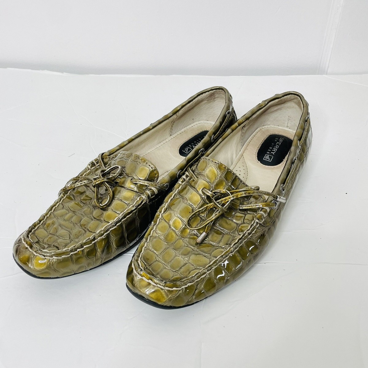 Sperry Top Sider Boat Loafer Leather Sz Womens Croc Embossed Flats  Green