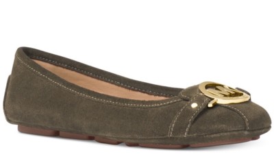 New Michael Kors Fulton ballet flat olive gold MK logo suede leather shoes 