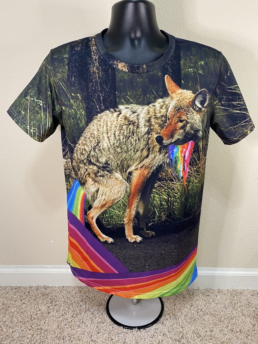 Unisex Coyote Rainbow Poo Funny Meme T-shirt Size Large All Over Print  Animal