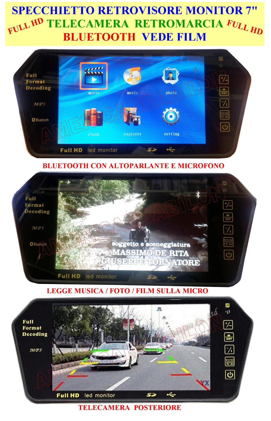 Specchietto Smart 7 Pollici: Retrocamera, Bluetooth e Touch Screen