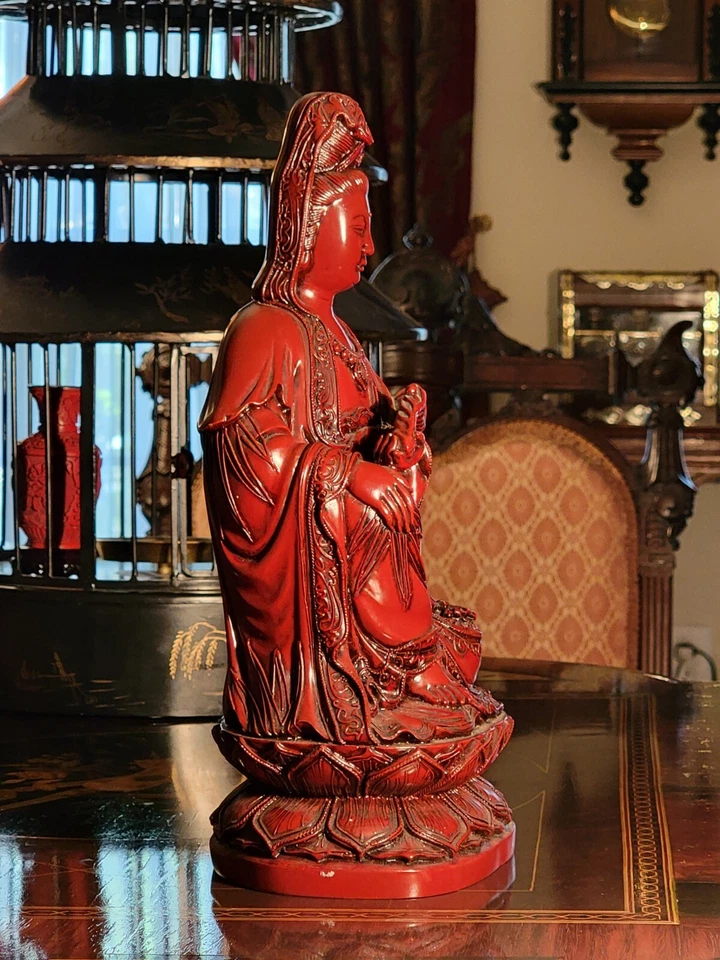 GRAN ESTATUA DE BUDDHA 13.5" Kwan-yin Guanyin Bodhisattva Buey Rojo Resina de Sangre PESADA Foto 4 de 4