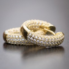 Fully Iced Mens Small 14K Gold Plated Huggie Hoop Earrings