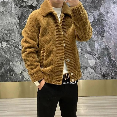 Mens Lapel Sweater Jacket Cardigan Sweater Fashion Coats Workwear Warm Slim Tops - Picture 15 of 26