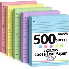 Koogel 500 Sheets Colored Filler Paper, 5 Colors 8 x 10-1/2 Inch Wide Multi