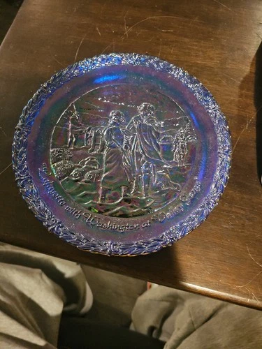 FENTON Bicentennial Lafayette-Washington Valley Forge Blue Carnival Glass Plate