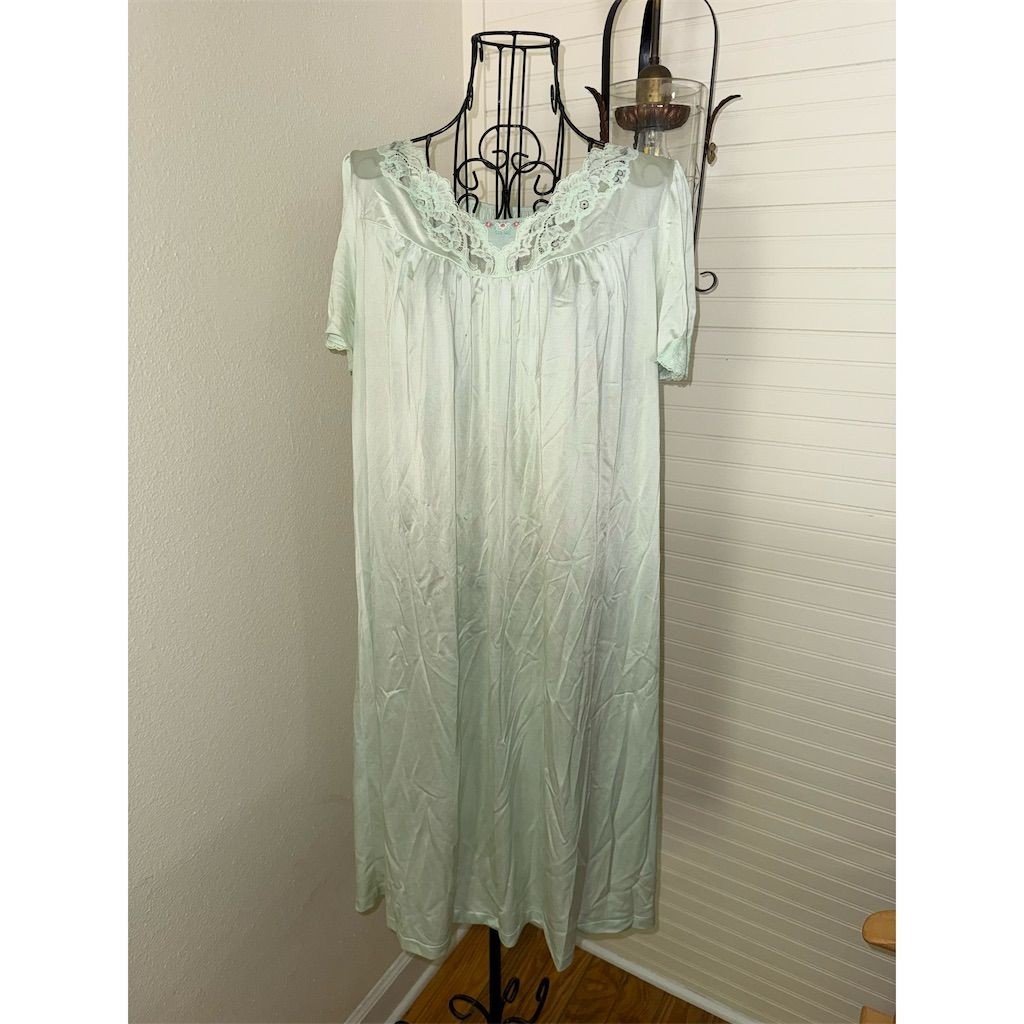 Vtg Shadowline Women's Kimono Robe and Nightgown Set Small Aqua Blue Lace Trim