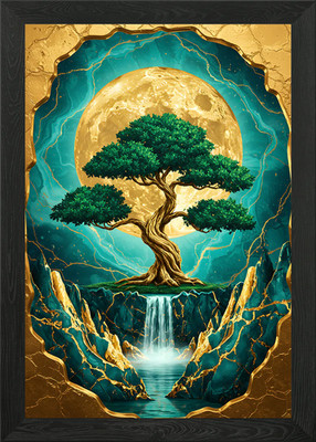 Golden Tree, Moon, and Waterfall Framed Wall Art Poster Canvas Print Picture