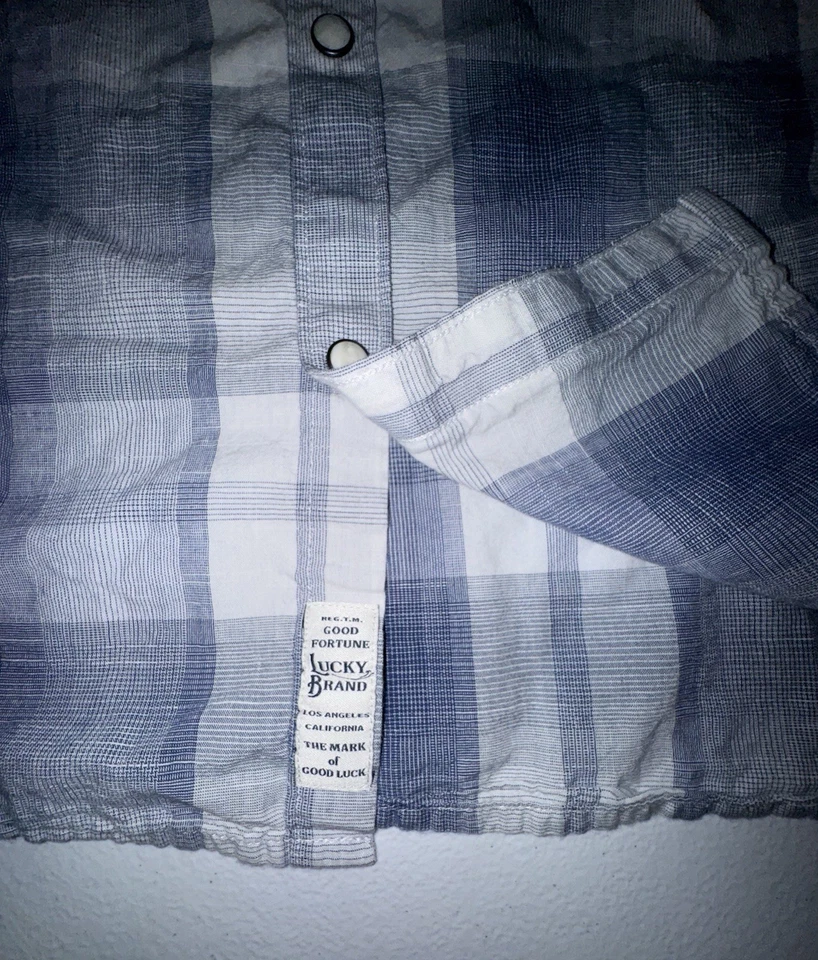 Camisa a Presión Lucky Brand Perla Para Hombre XL Western Cuadros Manga Corta Azul Blanco Foto 3 de 4