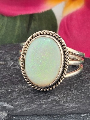 Full Cab weißer australischer Opal 925 und Sterlingsilber Ring - Größe 9,25