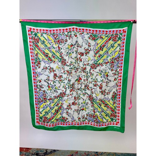 Vintage 1940s Glamour Novelty Print Polo Match Silk Scarf Flower Dove Multicolor