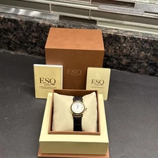 ESQ E5331 Watch Women 27mm Gold Tone White Dial Date Black Leather Band VGC