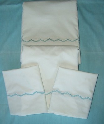 Dan River Scallops Blue 2 Flat Sheets & 2 Pillowcases Cotton Percale Vintage NEW