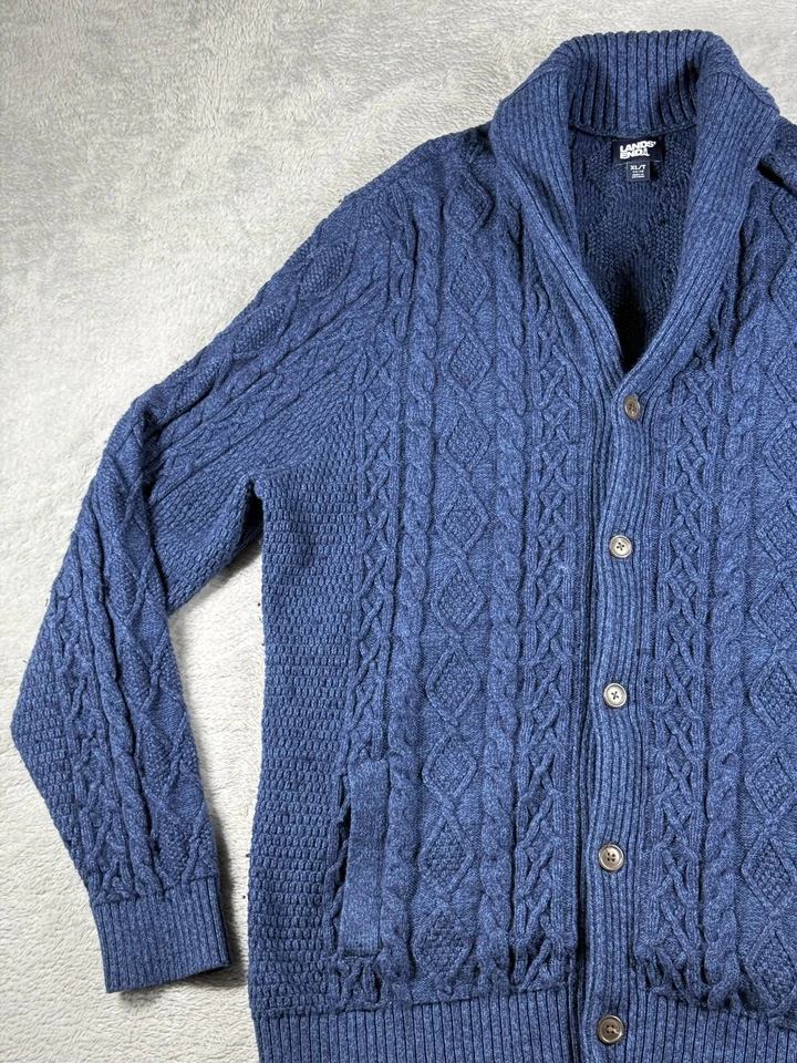 Lands End Sweater Mens XLT Blue Cardigan Shawl Cable Knit Fisherman Grandpa - Image 4 of 4