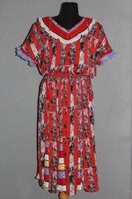 VTG JOI LEE Red Blk Whi Ruffle Pleated Sleeves Neck Gypsy Boho Dress Ws M / L