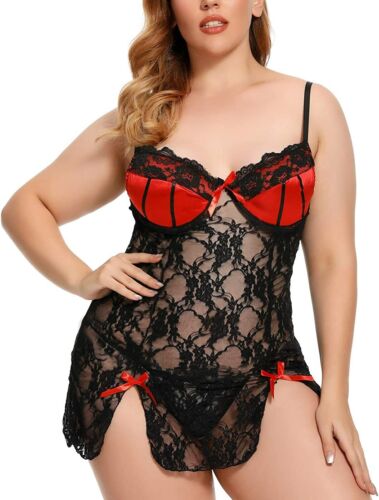 Plus Size Sexy Lingerie Set for Women Lace Nightwear Perspective Sleepwear Gifts - Picture 3 of 14