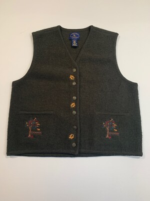 #ad CHELSEA CAMBELL Wool Vest Petite Medium Dark Green Embroidery Tree Leaves $8.00