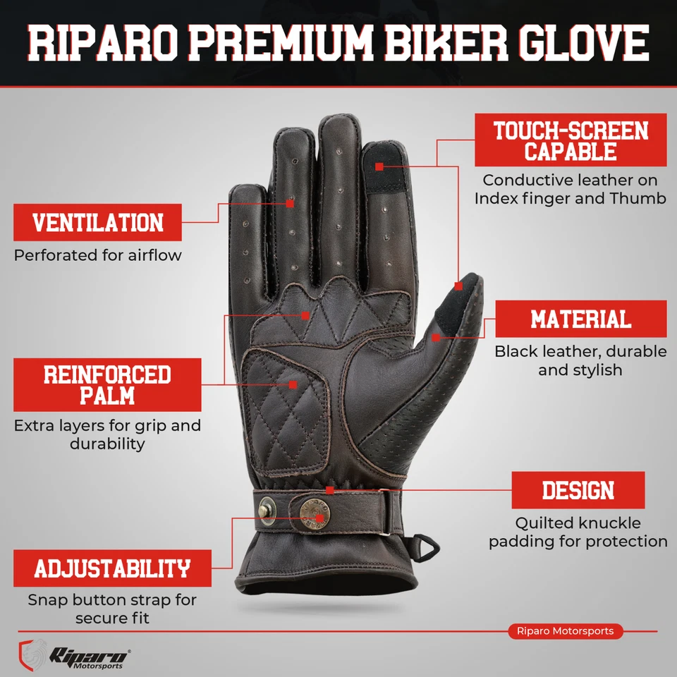 Riparo RetroLeather Motorcycle Gloves Touchscreen Riding Cafe Racer - Image 4 of 4
