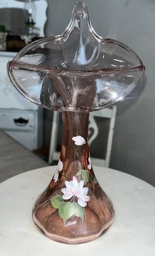 FENTON 🌸 Jack in the Pulpit Vase 11”Rose HandPaint ORG STICKER Cumberledge VTG.