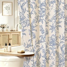 Blue Boho Linen Fabric Shower Curtain, Farmhouse Floral For Bathroom