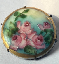 Vintage Hand Painted Flower Brooch Gold Rim Porcelain Pin