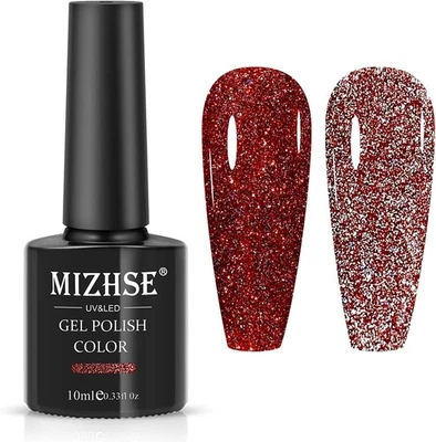 MIZHSE Glitter Gel Nail Polish, Red Reflective Sparkly Gel Nail Polish, UV Gels