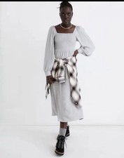 Madewell Gray Lucie Long-Sleeve Smocked Midi Dress in Wool Gauze XXS Lightweight